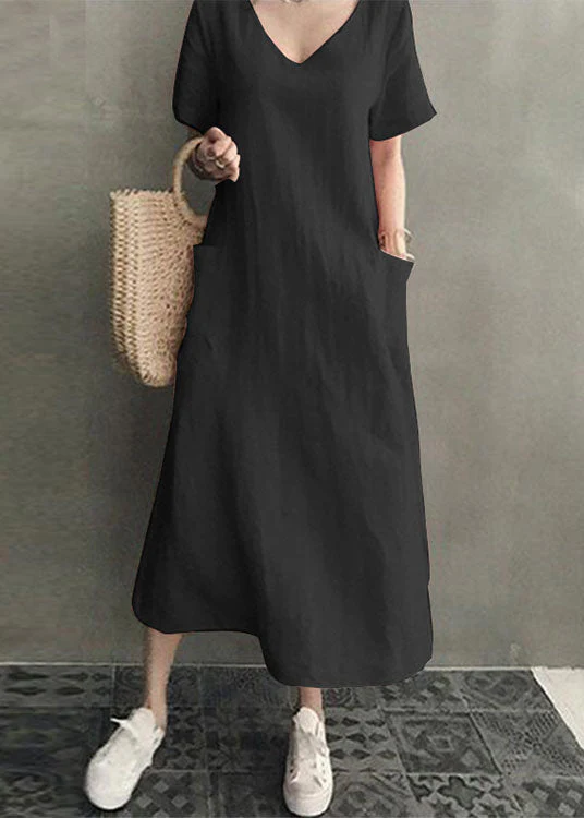 100% Cotton Short Sleeve V-neck Side Pocket Solid Dress - Image 2