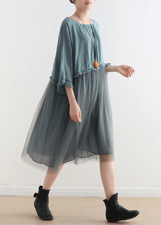 2025 Blue-green leaves Tull Maxi dresses patchwork chiffon Summer Dresses - Image 3