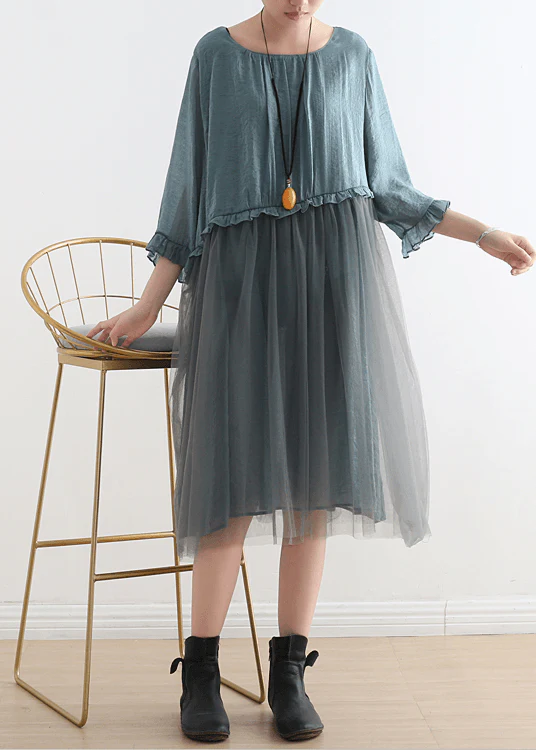 2025 Blue-green leaves Tull Maxi dresses patchwork chiffon Summer Dresses - Image 4