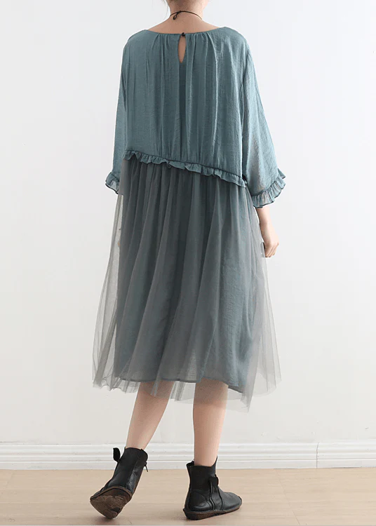 2025 Blue-green leaves Tull Maxi dresses patchwork chiffon Summer Dresses - Image 7