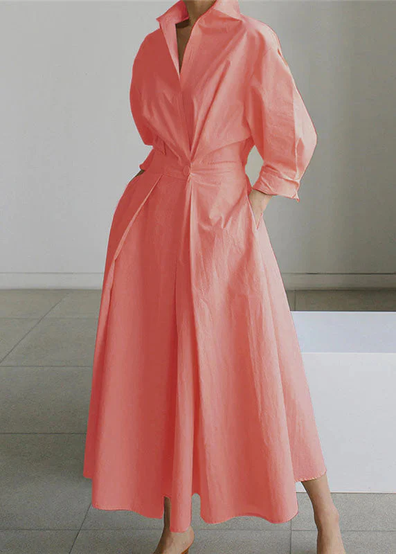 2025 Beige-pink flower Peter Pan Collar Pockets Cotton Dress Long Sleeve - Image 10
