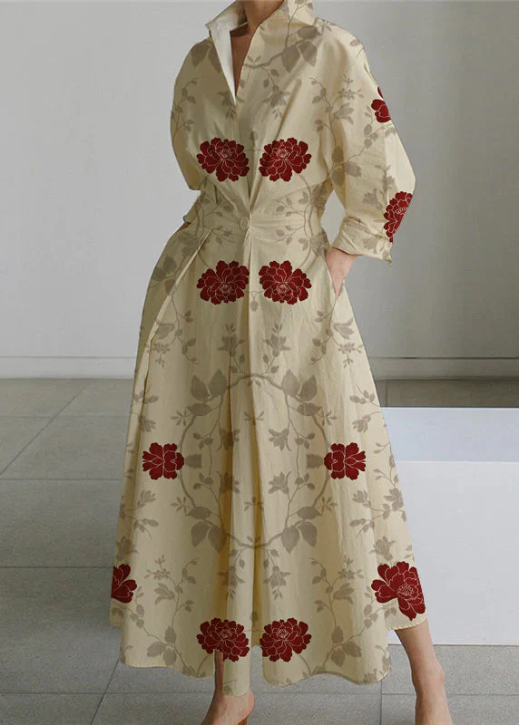 2025 Beige-pink flower Peter Pan Collar Pockets Cotton Dress Long Sleeve - Image 13