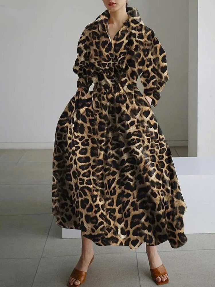 2025 white leopard Peter Pan Collar Pockets Cotton Dress Long Sleeve - Image 2