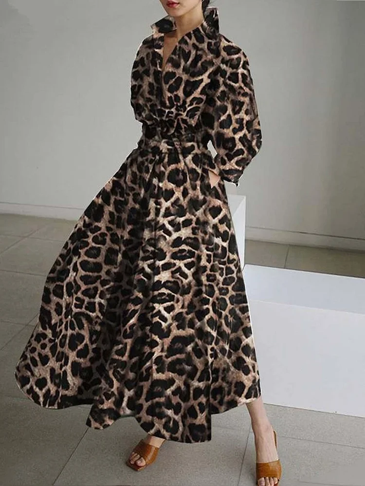 2025 white leopard Peter Pan Collar Pockets Cotton Dress Long Sleeve - Image 3