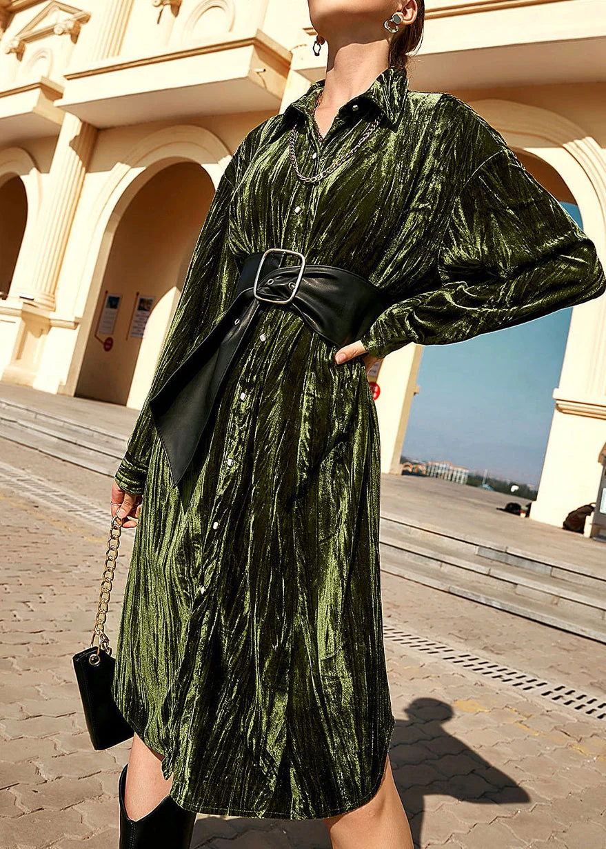 2025 Womens Ins Temperament Skirt Fashion Button Long Seeve Shirt Dress Green - Image 3