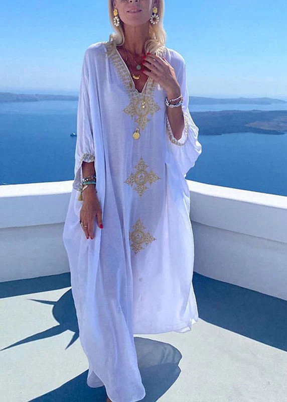 2025 Elegant Gold Embroidered Kaftan Retro V Neck White Dress - Image 3