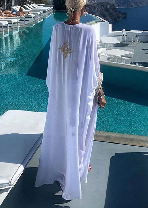 2025 Elegant Gold Embroidered Kaftan Retro V Neck White Dress - Image 4