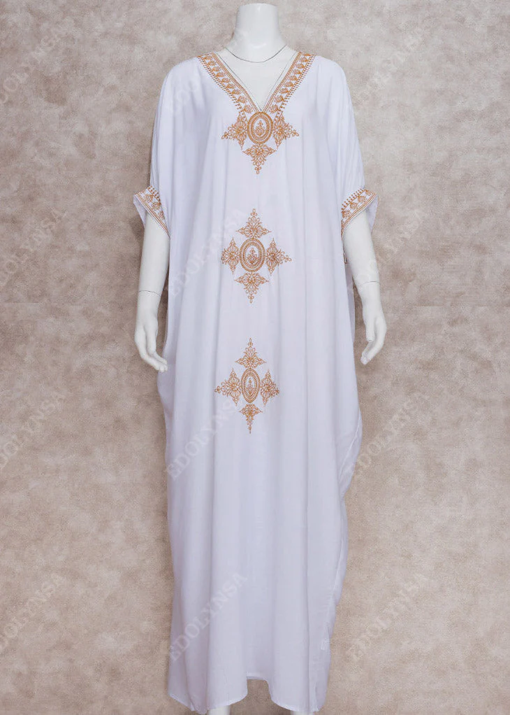 2025 Elegant Gold Embroidered Kaftan Retro V Neck White Dress - Image 5