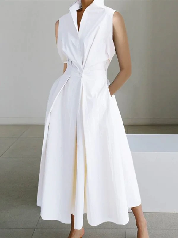 2025 Grey Peter Pan Collar Pockets Cotton Dress Sleeveless - Image 9