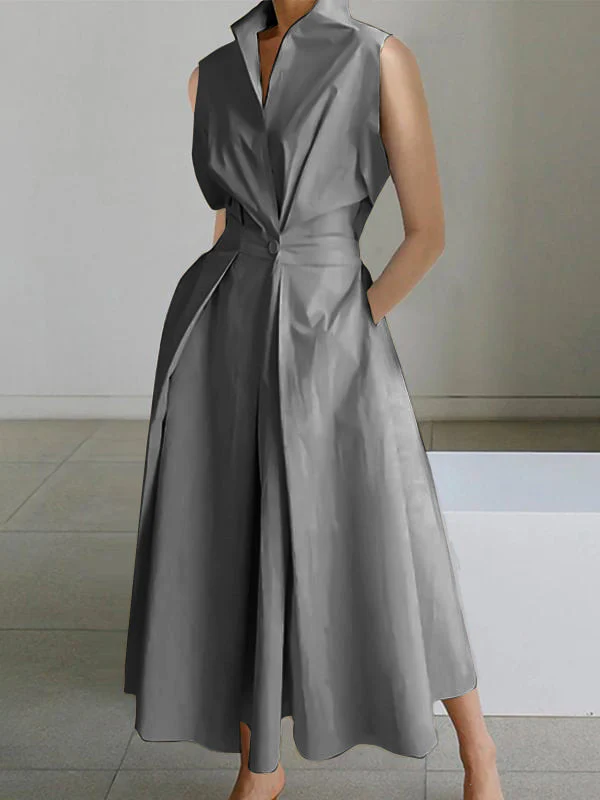 2025 Pink Peter Pan Collar Pockets Cotton Dress Sleeveless - Image 4