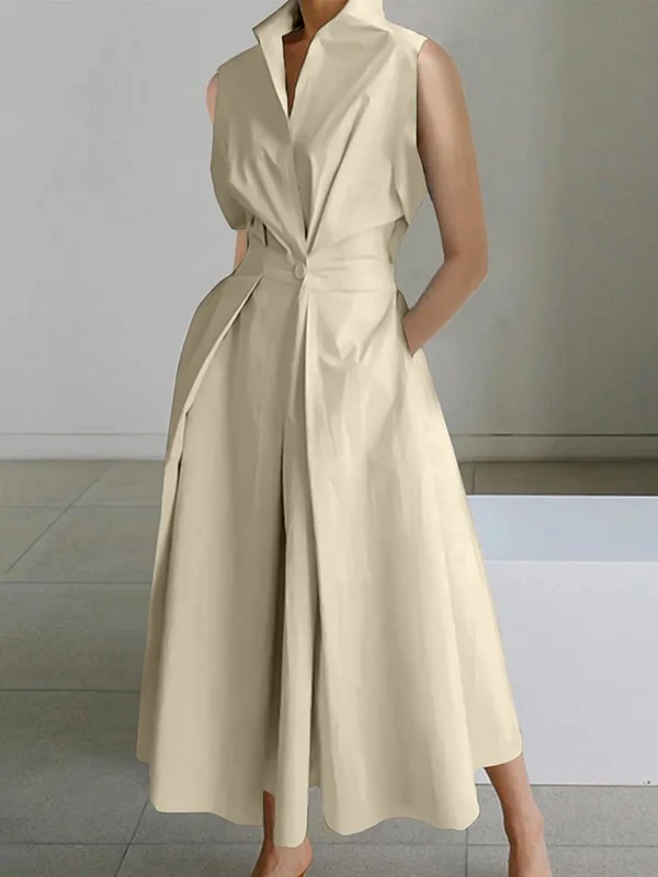 2025 Pink Peter Pan Collar Pockets Cotton Dress Sleeveless - Image 5