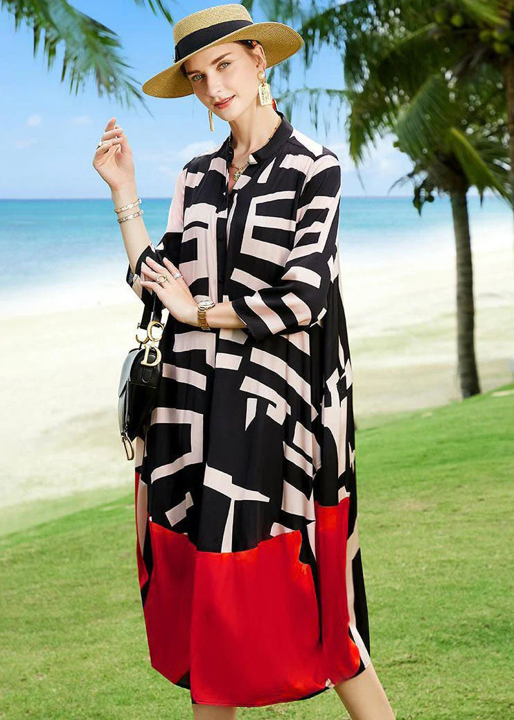 2025 Summer Colorblock Patchwork Print Holiday Dresses Silk Coat - Image 3