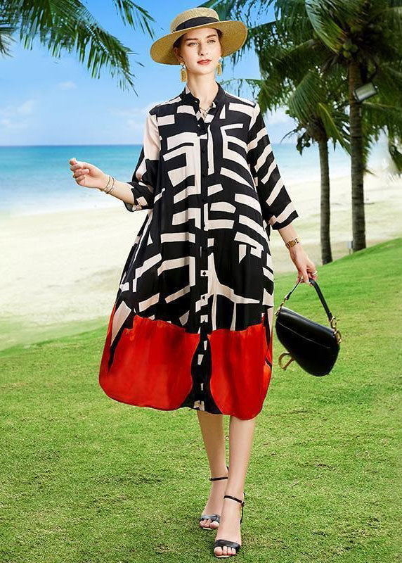 2025 Summer Colorblock Patchwork Print Holiday Dresses Silk Coat - Image 4