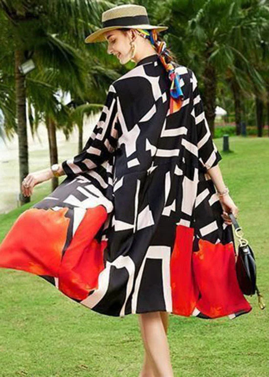 2025 Summer Colorblock Patchwork Print Holiday Dresses Silk Coat - Image 5
