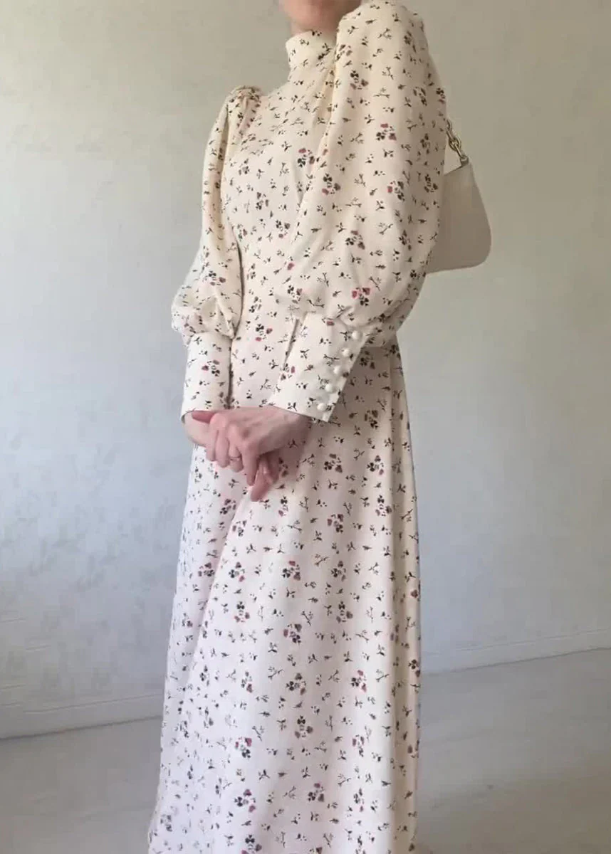 2025 Autumn Apricot Lace Up Stand Collar Print Chiffon Dress - Image 3