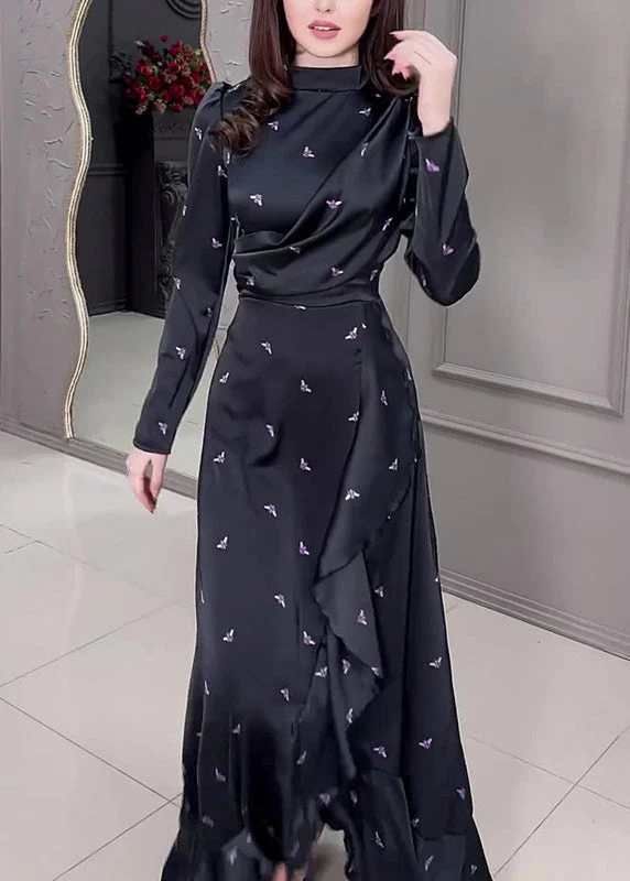 2025 New Black Ruffled Print Silk Long Dress Spring - Image 3