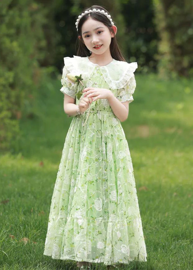 2025 New Green Peter Pan Collar Print Tie Waist Chiffon Girls Maxi Dress Short Sleeve - Image 2