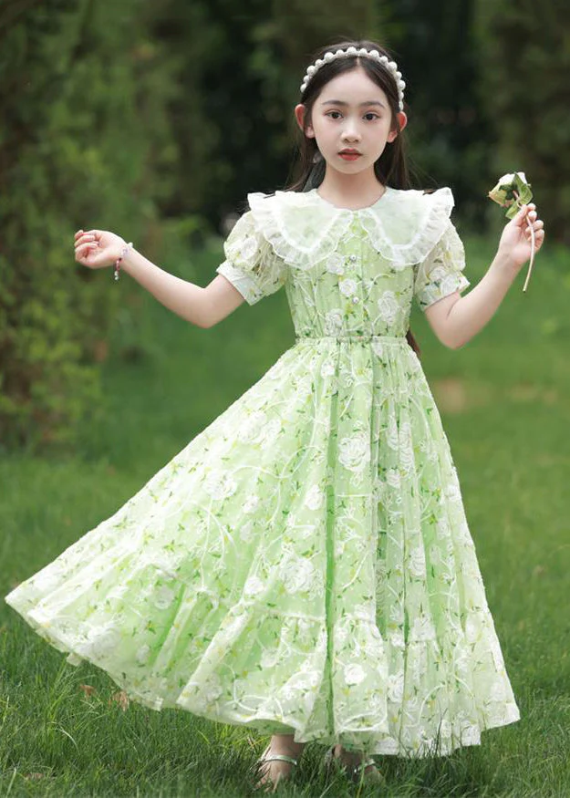 2025 New Green Peter Pan Collar Print Tie Waist Chiffon Girls Maxi Dress Short Sleeve - Image 3