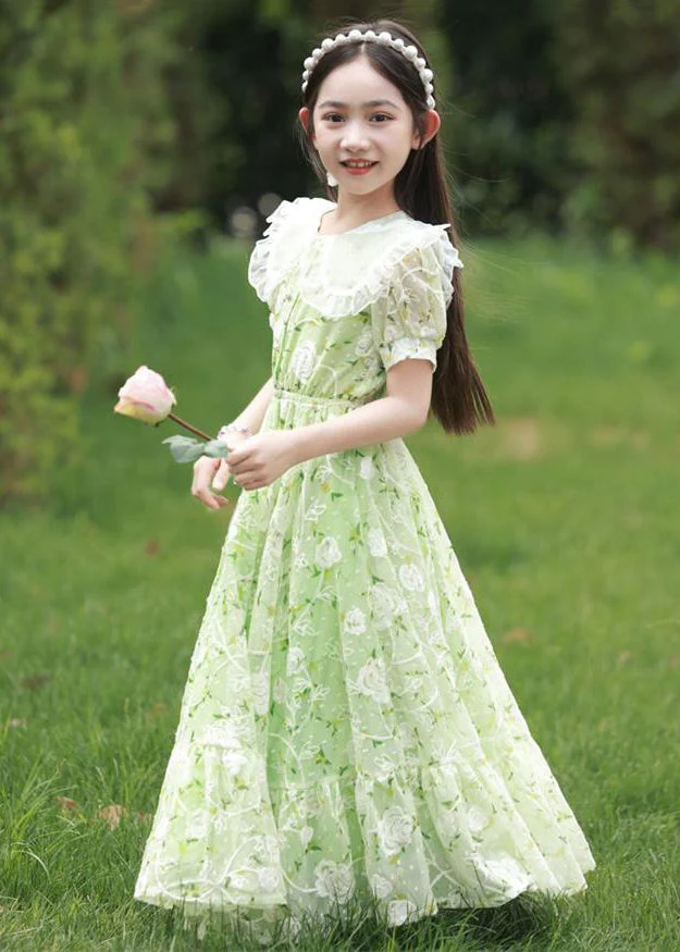 2025 New Green Peter Pan Collar Print Tie Waist Chiffon Girls Maxi Dress Short Sleeve - Image 4