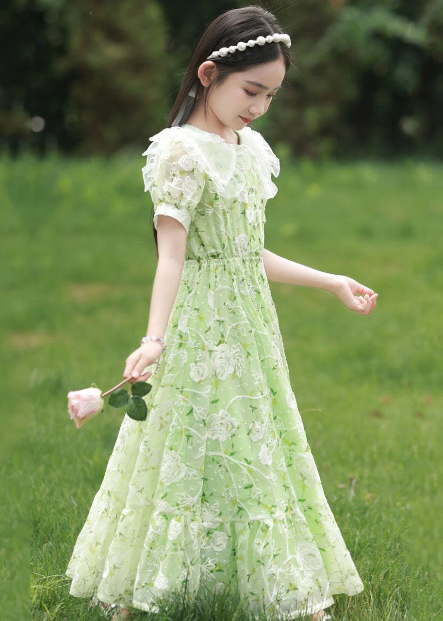 2025 New Green Peter Pan Collar Print Tie Waist Chiffon Girls Maxi Dress Short Sleeve - Image 5