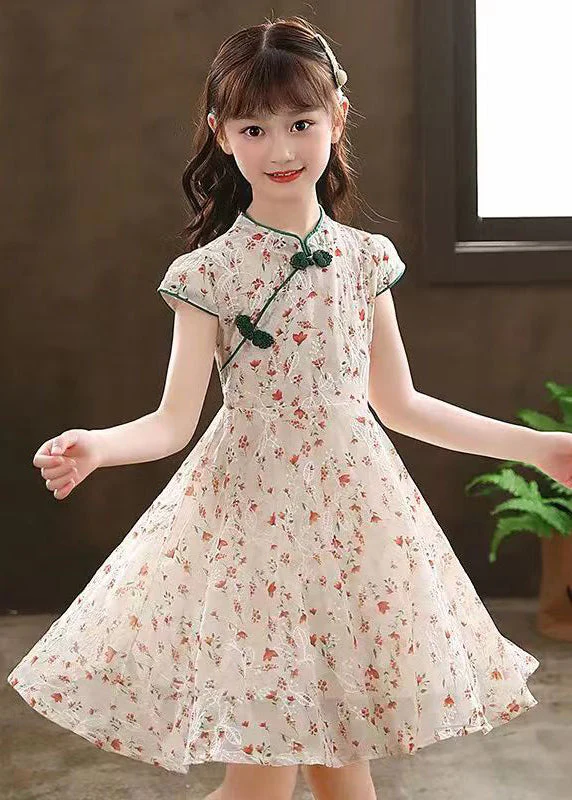 2025 New Green Stand Collar Print Girls Maxi Dresses Short Sleeve - Image 2