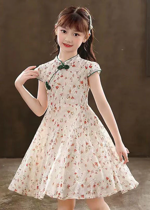 2025 New Green Stand Collar Print Girls Maxi Dresses Short Sleeve - Image 3