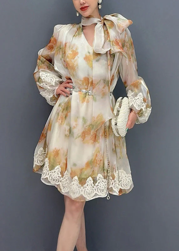 2025 New Stylish Printed Lace Up Mid Dress Long Sleeve - Image 2