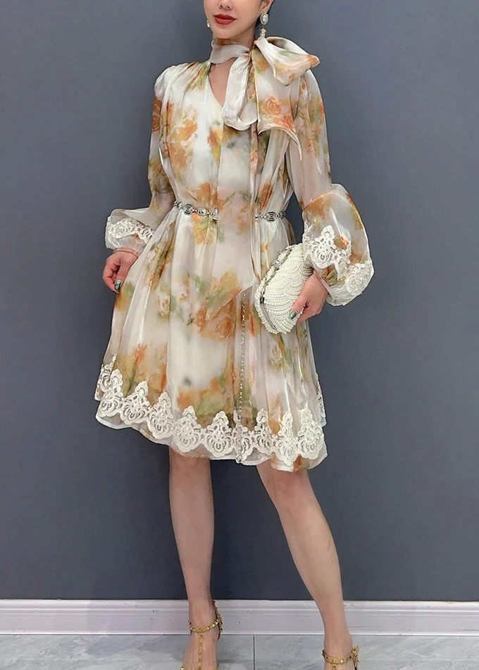 2025 New Stylish Printed Lace Up Mid Dress Long Sleeve - Image 3
