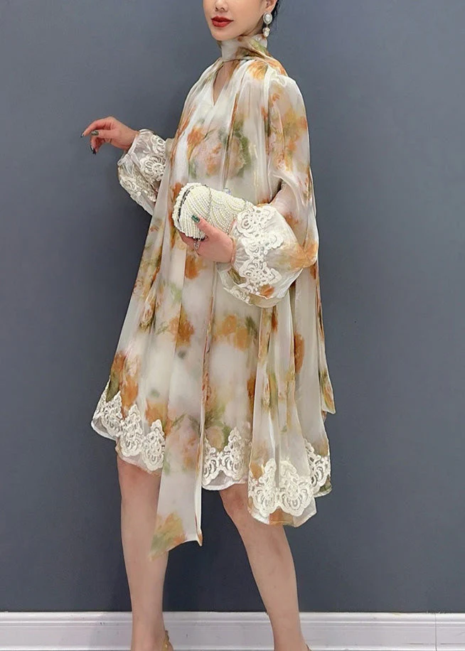 2025 New Stylish Printed Lace Up Mid Dress Long Sleeve - Image 4