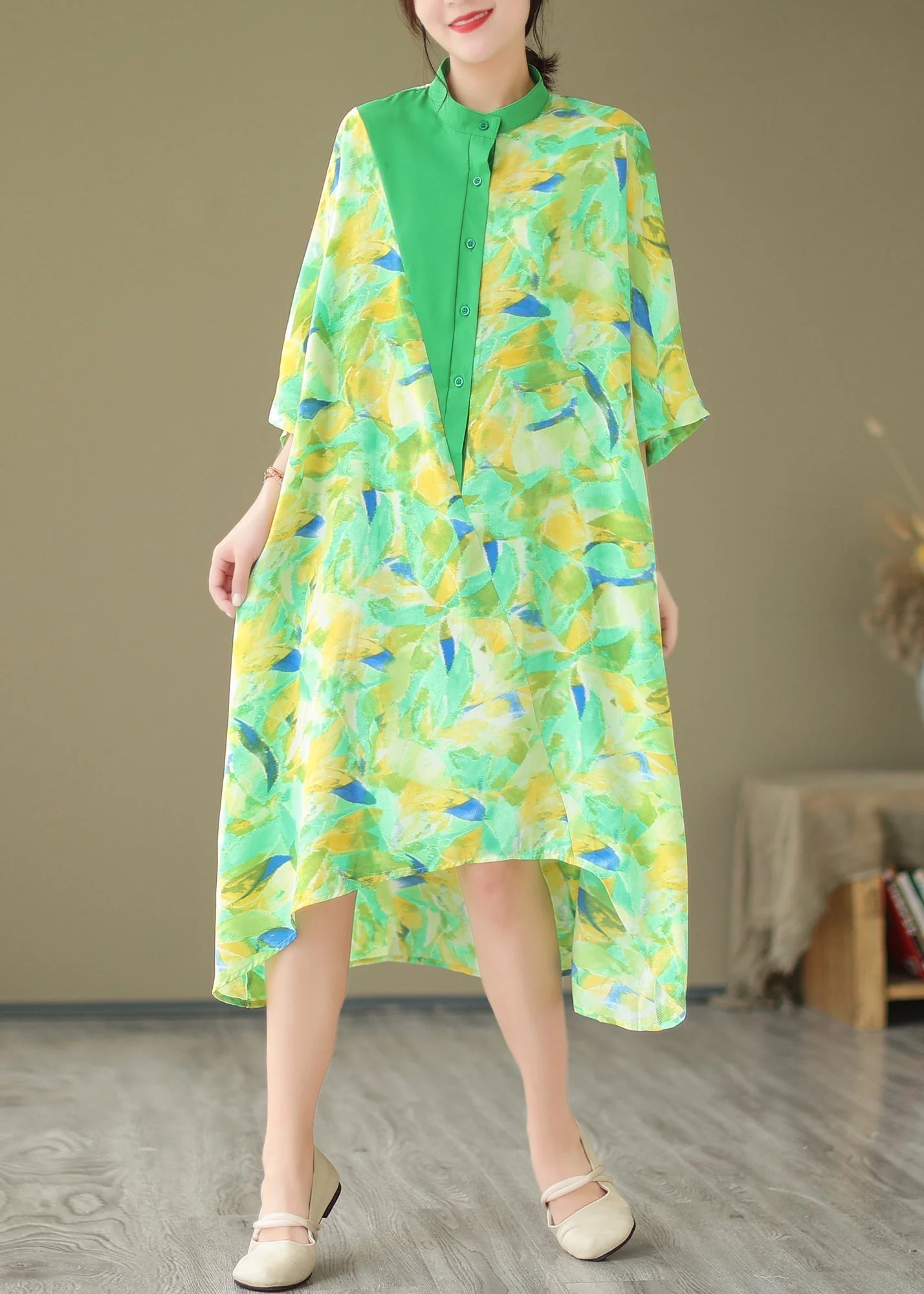 2025 Summer New Green Spliced Tie Dyed Shirt Dress - Image 3