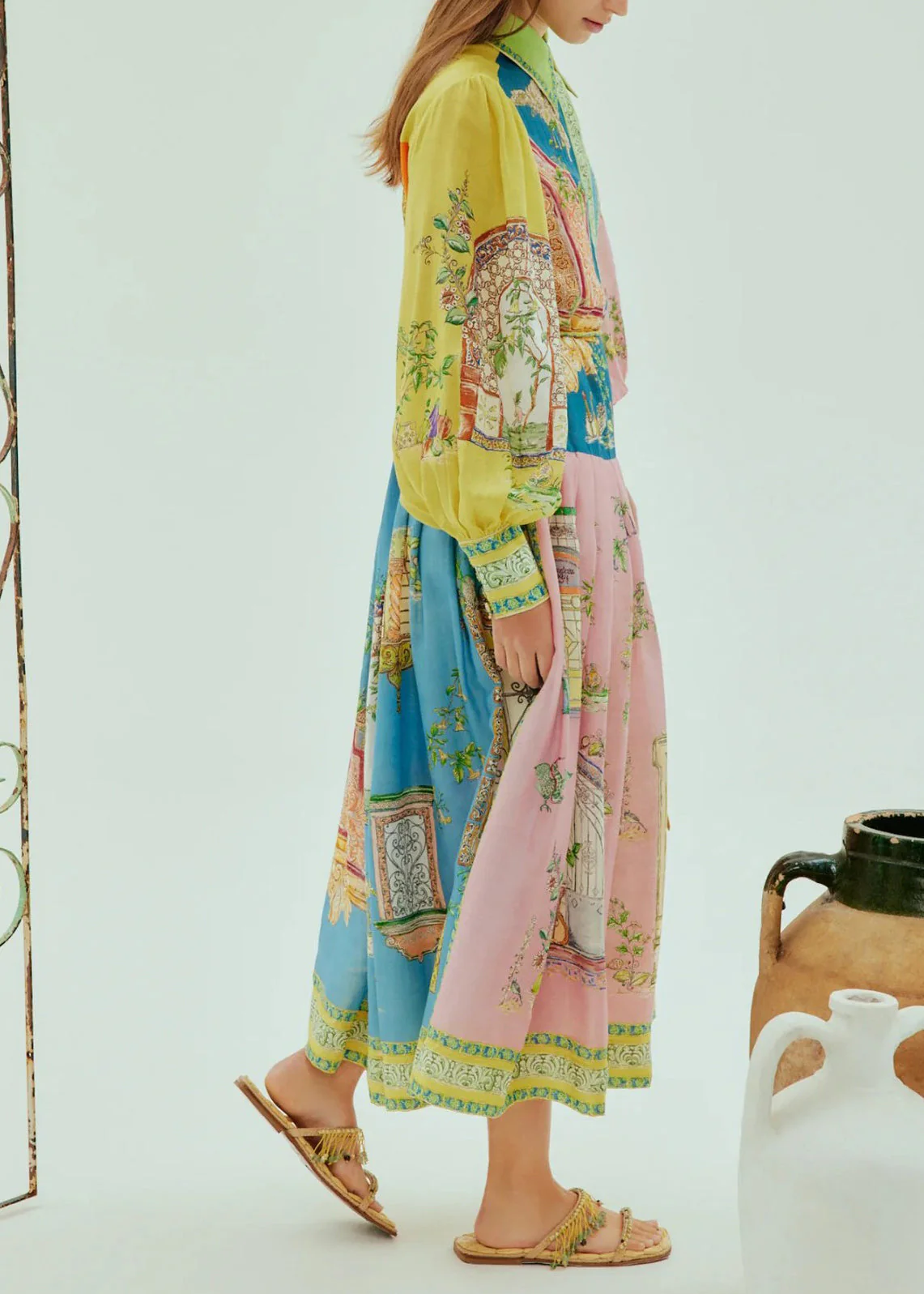2025 Lantern Sleeve Graffiti Printed Wrinkled Lace Up Dress - Image 2