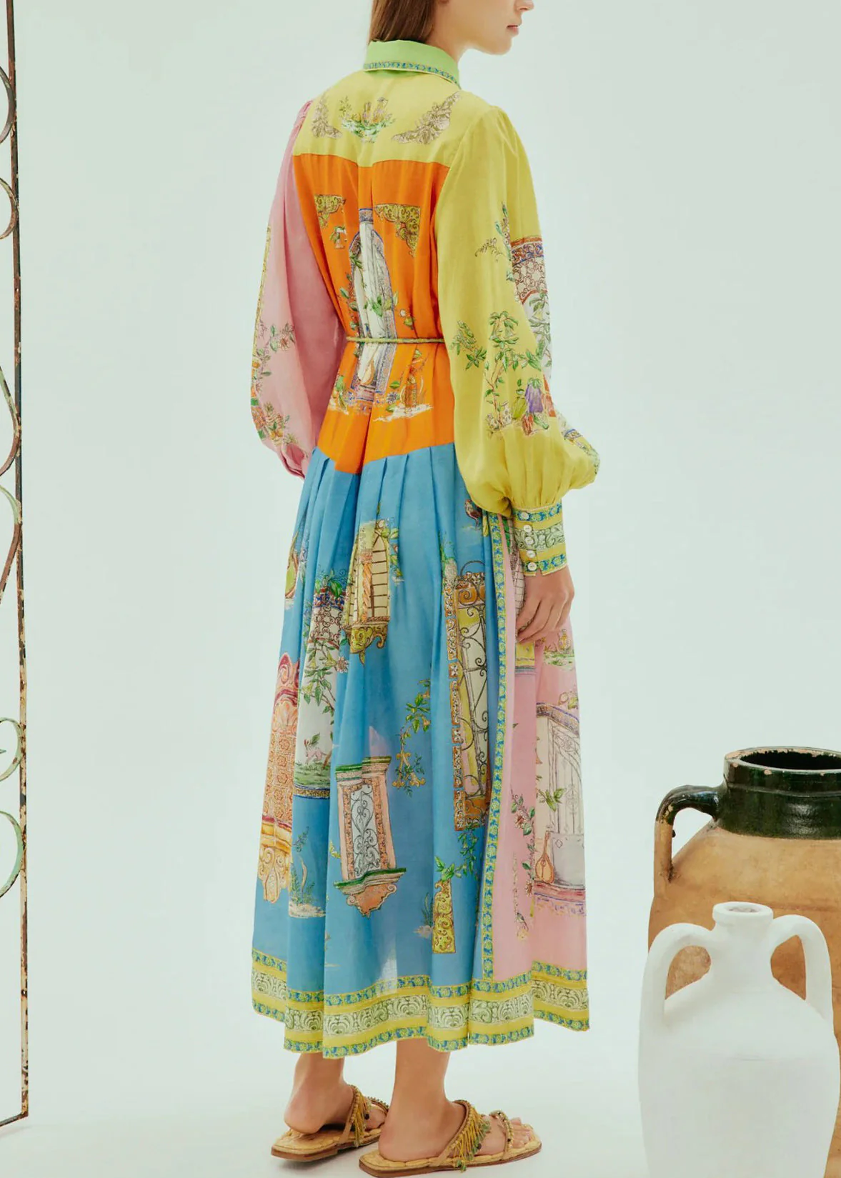 2025 Lantern Sleeve Graffiti Printed Wrinkled Lace Up Dress - Image 3