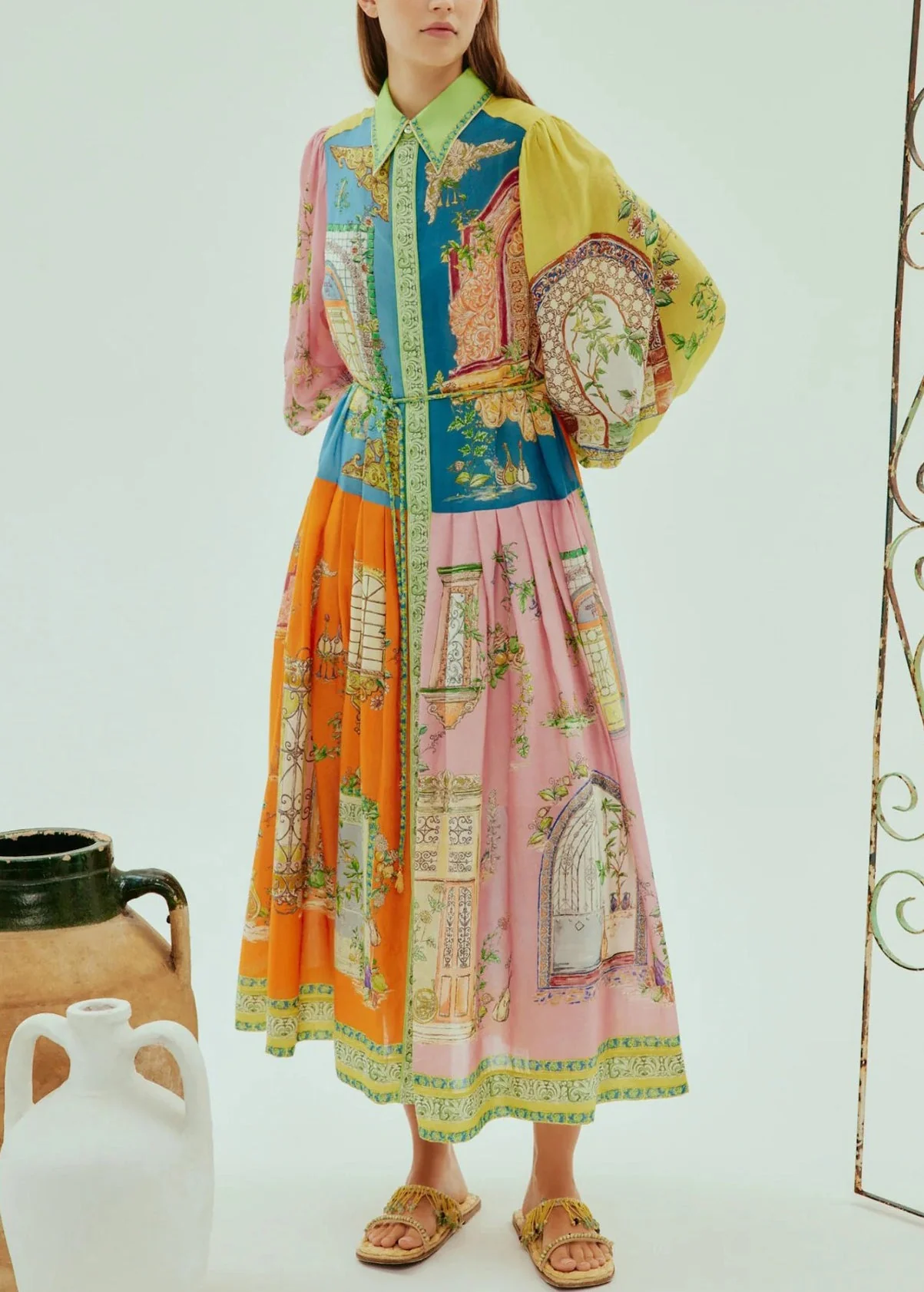 2025 Lantern Sleeve Graffiti Printed Wrinkled Lace Up Dress - Image 4
