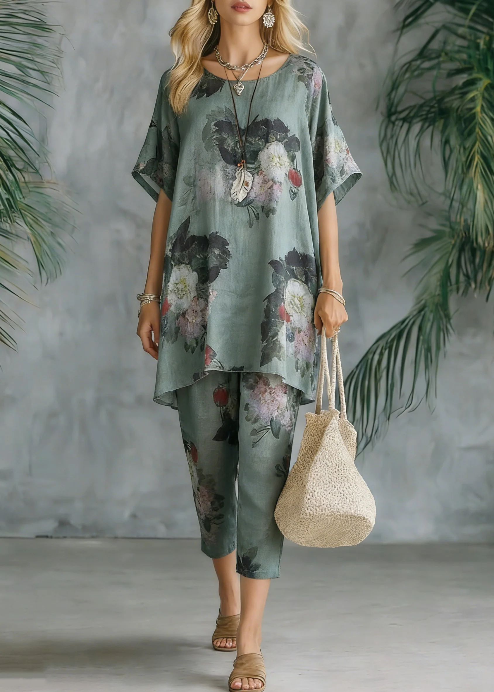 2025 New Loose Green Print Short Sleeve Shirt Casual Pants Linen Set - Image 3