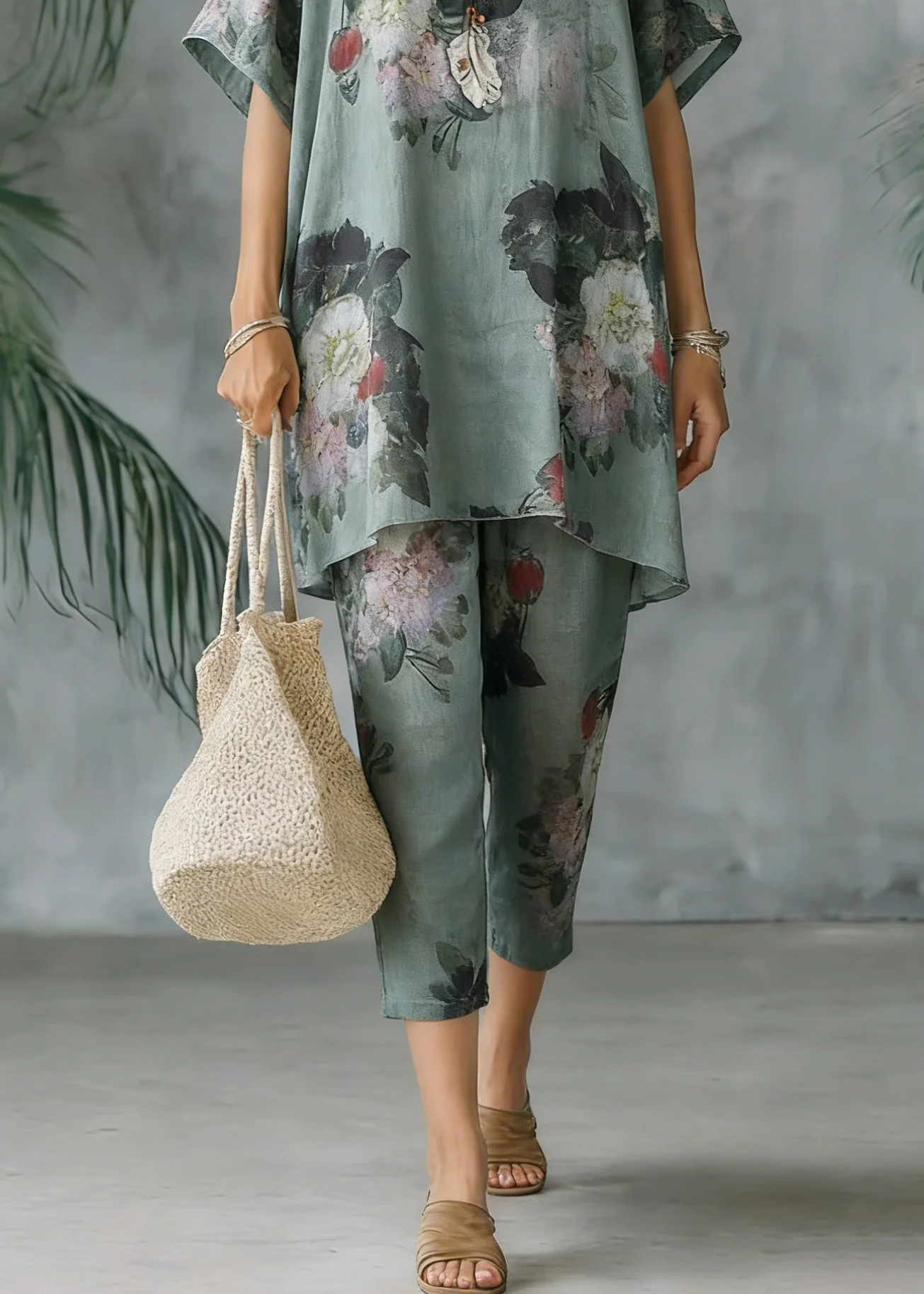2025 New Loose Green Print Short Sleeve Shirt Casual Pants Linen Set - Image 4
