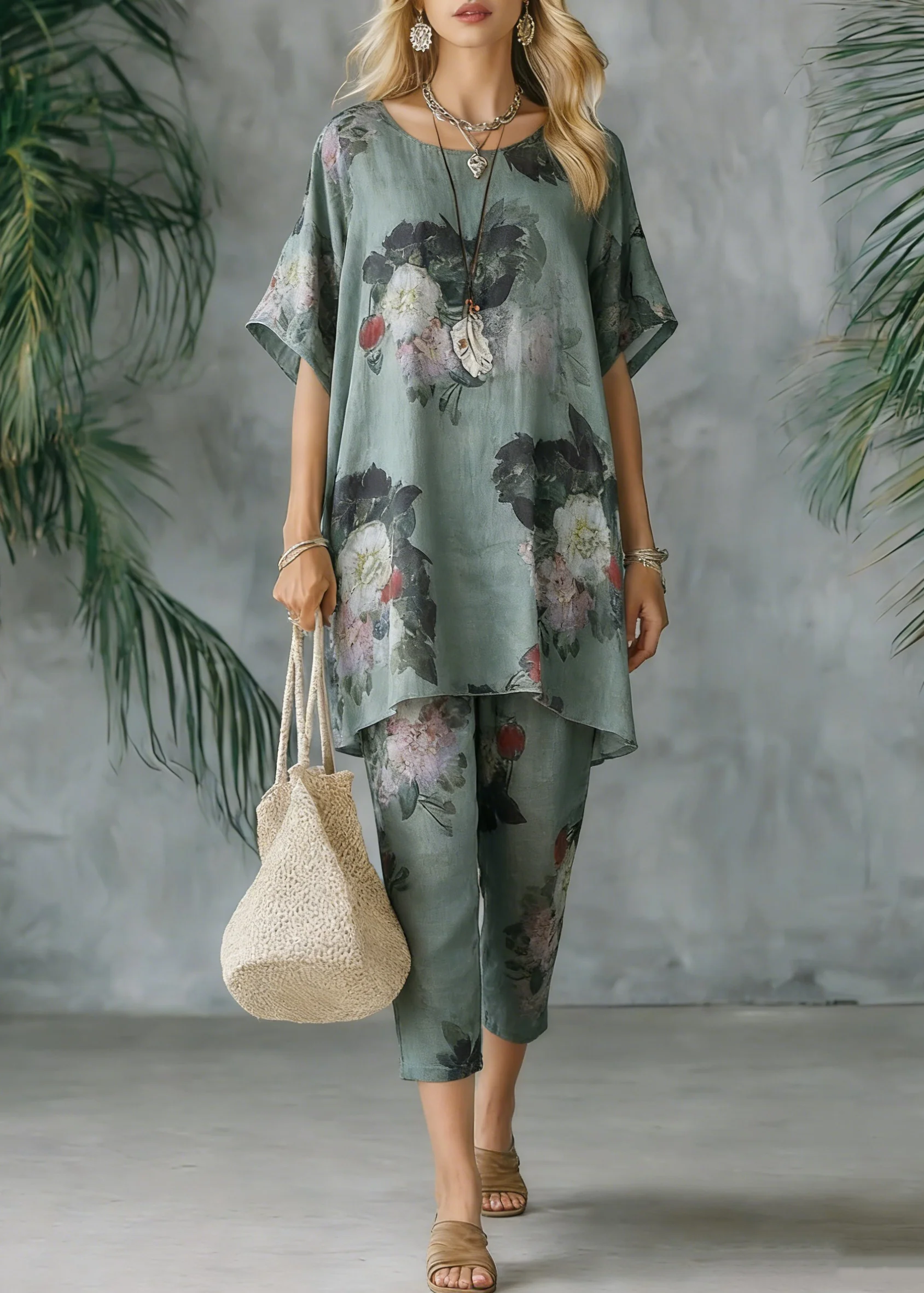 2025 New Loose Green Print Short Sleeve Shirt Casual Pants Linen Set - Image 5