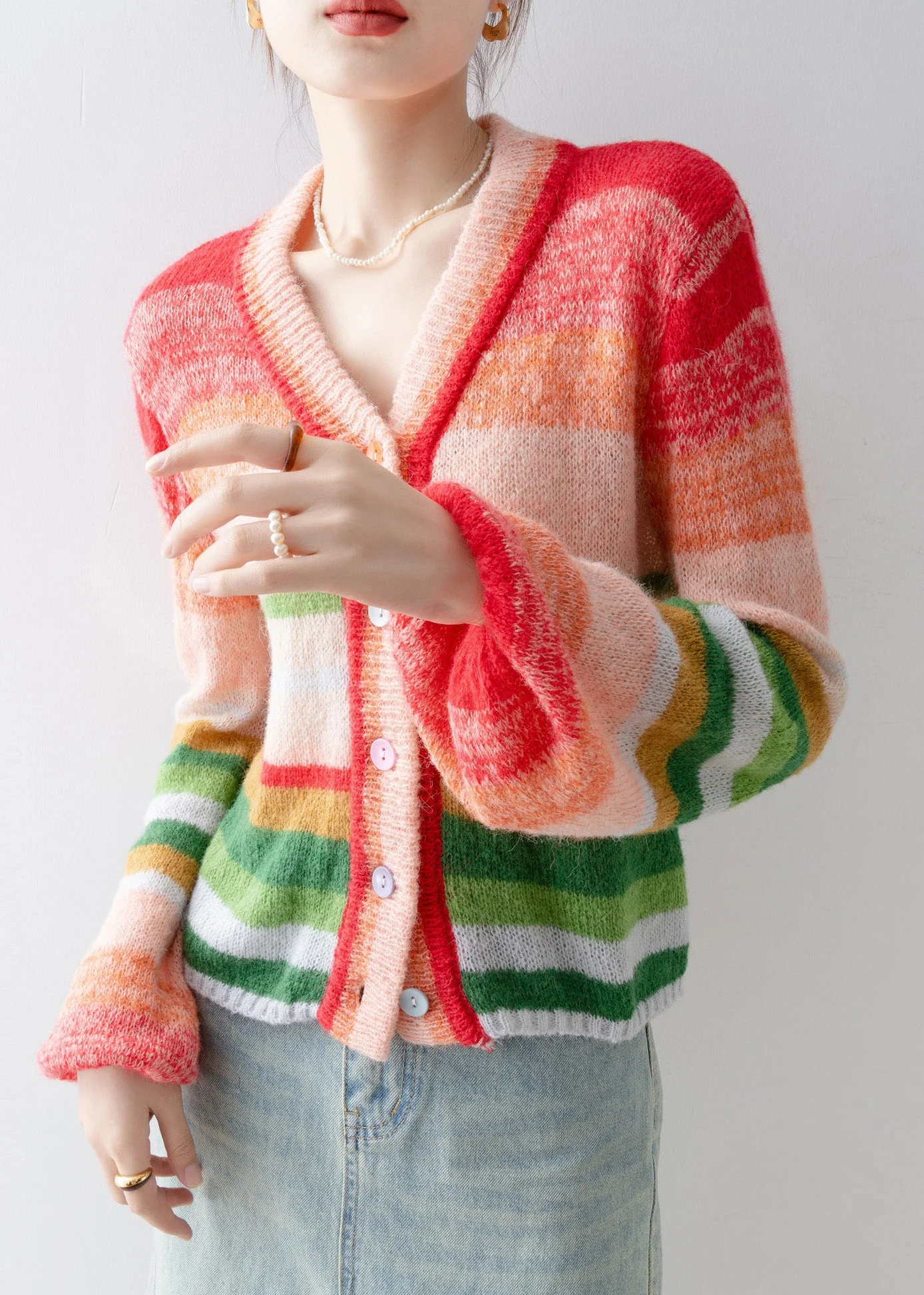 2025 New V Neck Striped Button Knit Cardigans Spring - Image 4