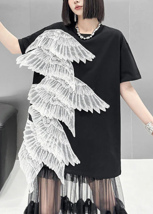 2025 Summer New Black Embroidered Wings T-Shirt Dress - Image 2