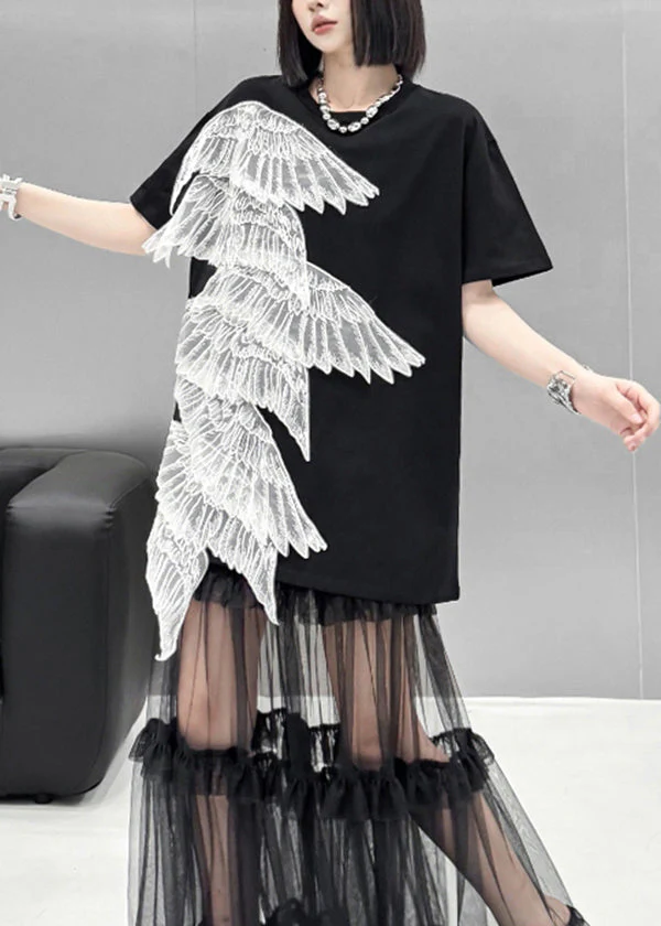 2025 Summer New Black Embroidered Wings T-Shirt Dress - Image 3