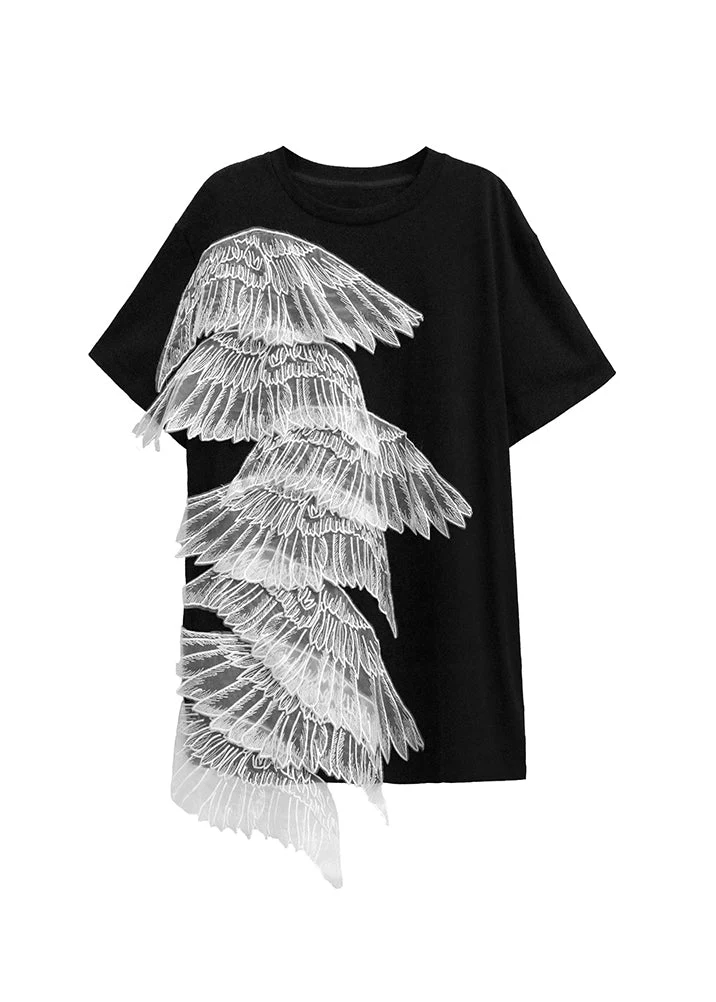 2025 Summer New Black Embroidered Wings T-Shirt Dress - Image 5