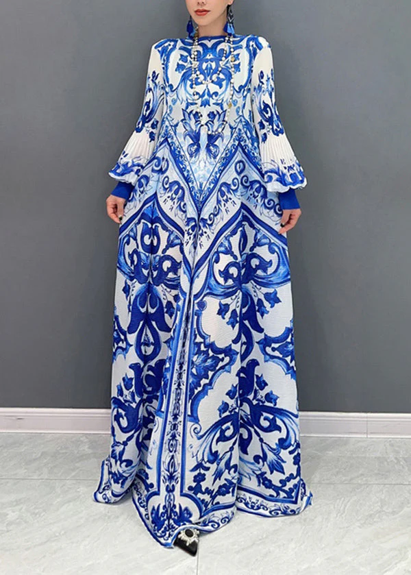 2025 Summer New Blue And White Porcelain Print Chiffon Pleated Long Dress - Image 2