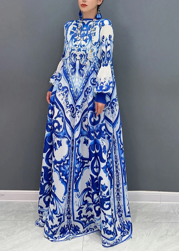 2025 Summer New Blue And White Porcelain Print Chiffon Pleated Long Dress - Image 3