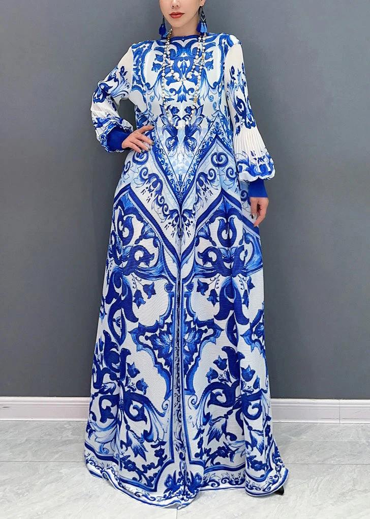 2025 Summer New Blue And White Porcelain Print Chiffon Pleated Long Dress - Image 4