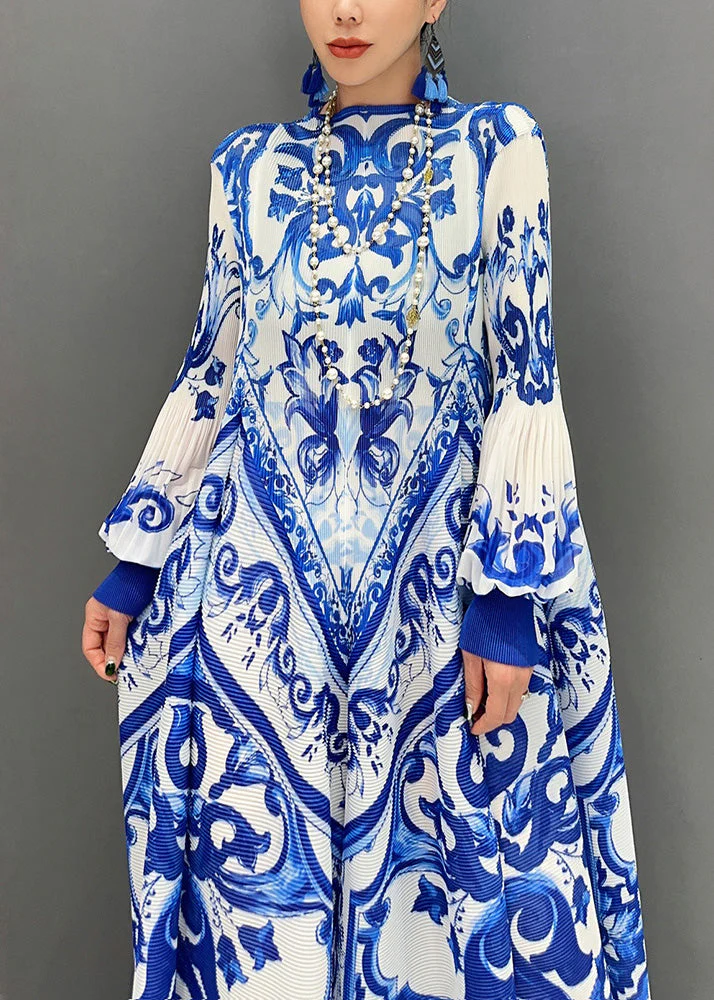 2025 Summer New Blue And White Porcelain Print Chiffon Pleated Long Dress - Image 5