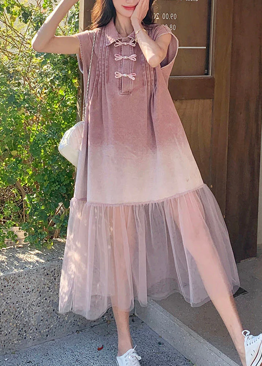 2025 Summer Retro Pink Gradient Tulle Splicing Denim Shirt Skirt Dress - Image 4