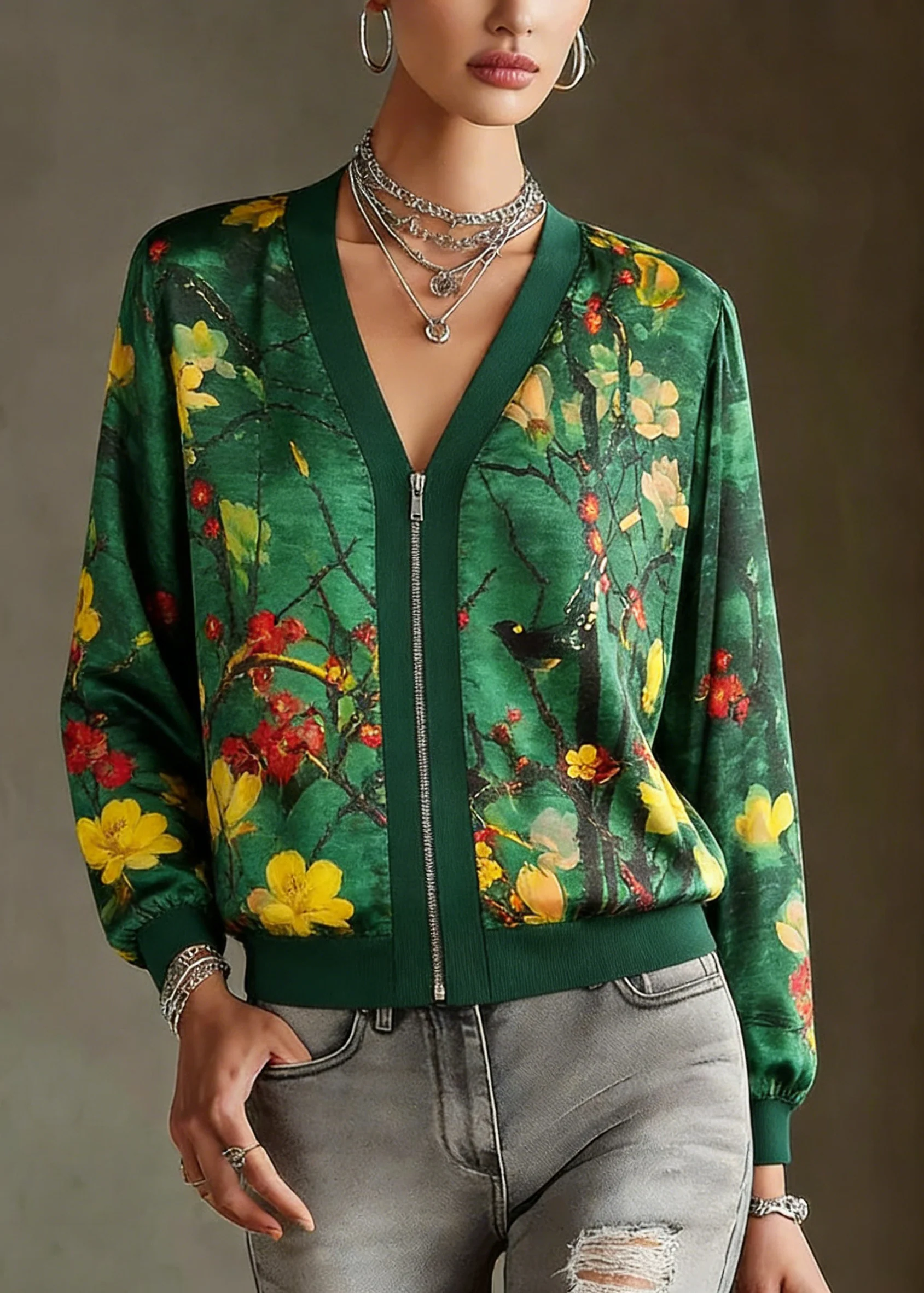 2026 Green O-Neck Print Zip Up Silk Coats Long Sleeve - Image 3