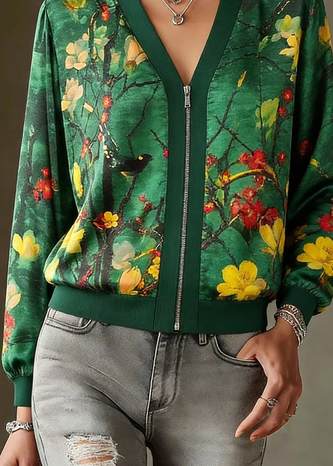 2026 Green O-Neck Print Zip Up Silk Coats Long Sleeve - Image 4