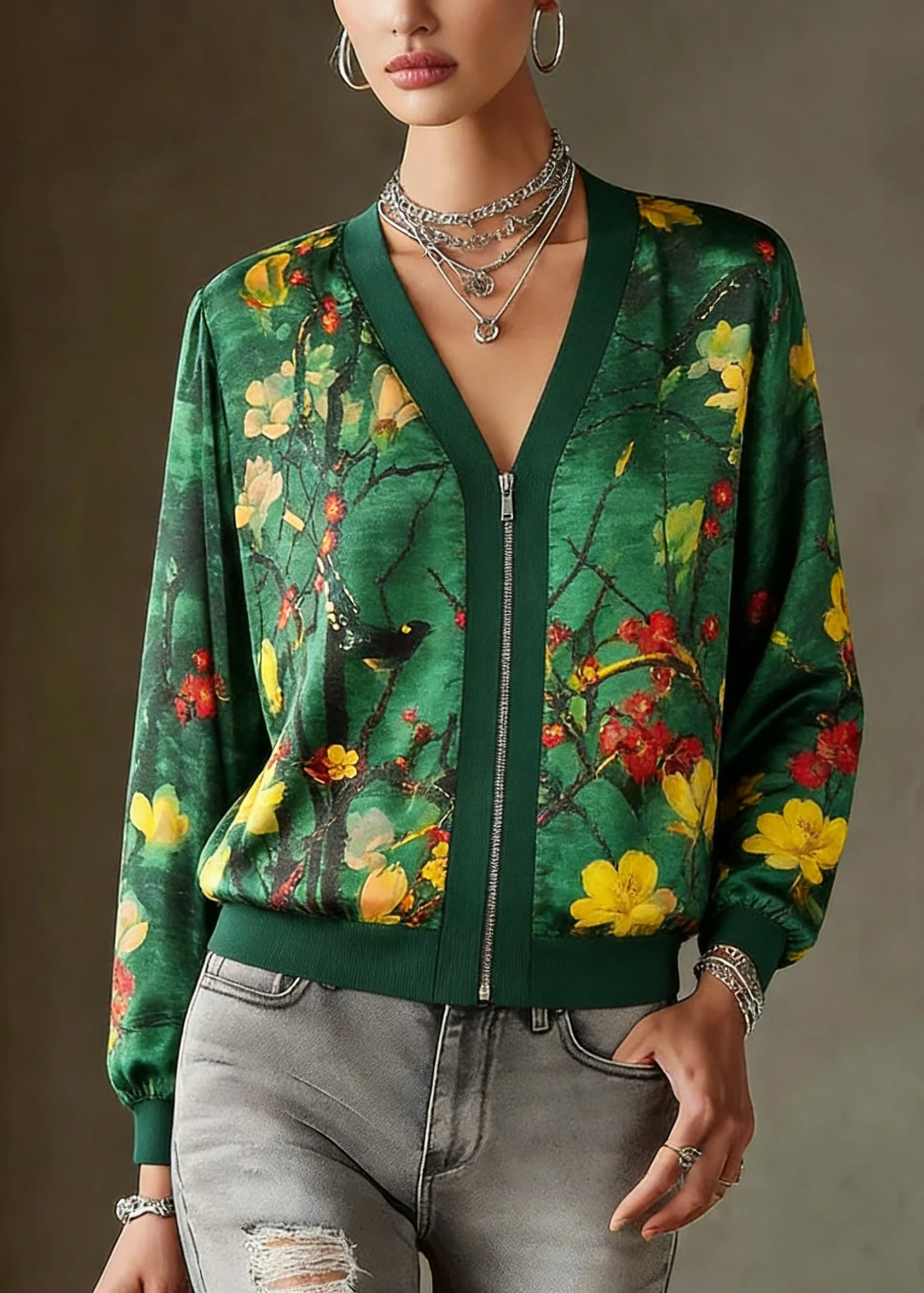 2026 Green O-Neck Print Zip Up Silk Coats Long Sleeve - Image 5