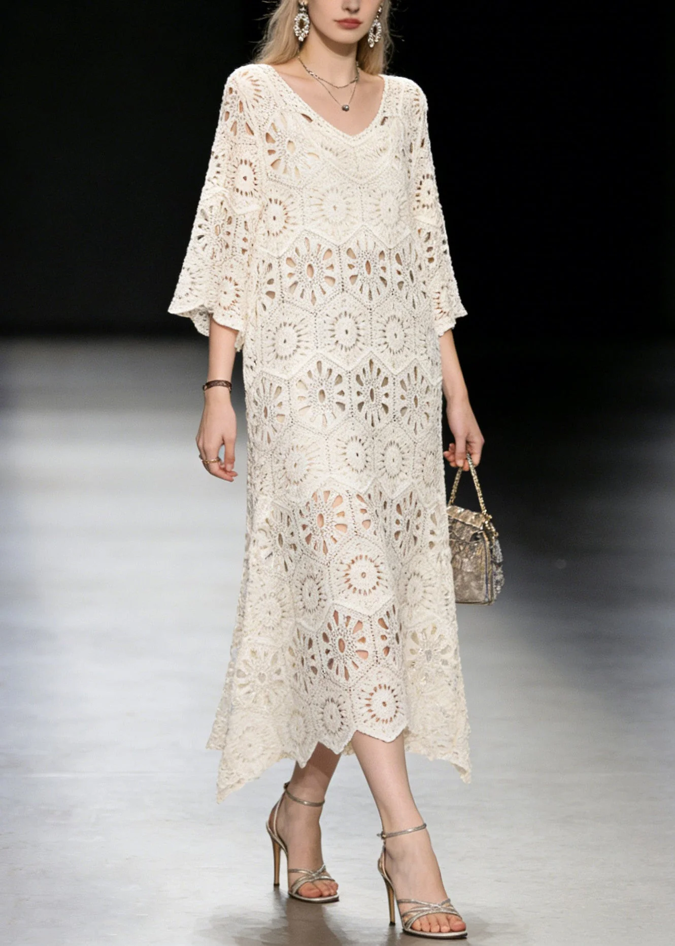 2026 New Apricot V Neck Hollow Out Knit Long Dress Summer - Image 3