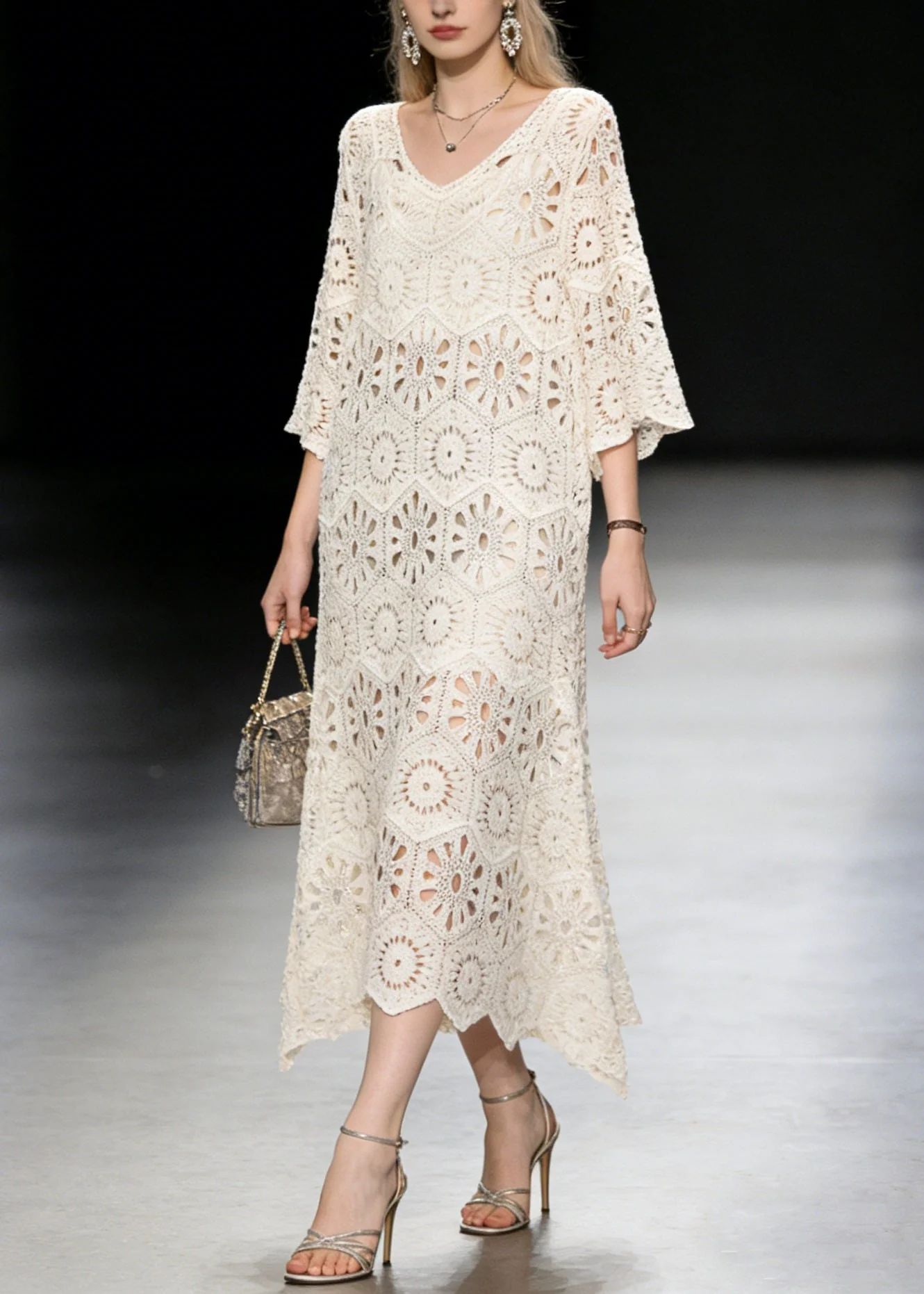 2026 New Apricot V Neck Hollow Out Knit Long Dress Summer - Image 5